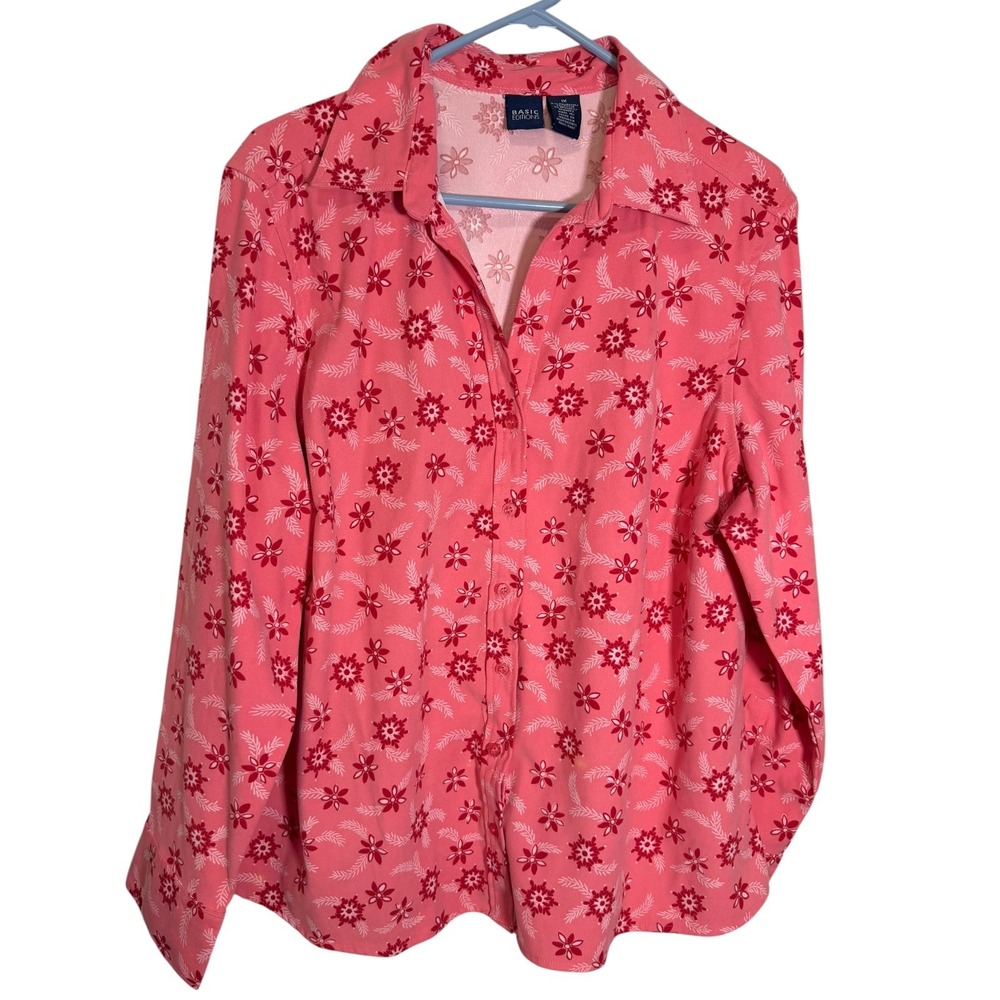 Basic Editions 1X Pink Floral Snowflake Button Down Shirt Long Sleeve Festive